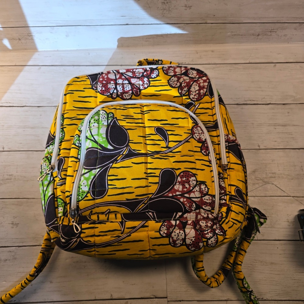 Handmade African Wax Print Quilted Backpack Yellow Floral Ankara Bookbag